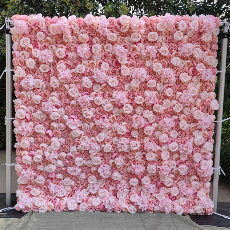 2024 New Design Panel Decor Artificial Flower Wall for Wedding Decor 3D Roll Up Fabric Cloth Base Pink Silk Flowerwall Backdrop