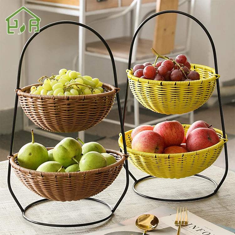 Weave Plastic Rattan Fruit Basket Vegetable Basket Hanging Fruit Basket 2 Tier