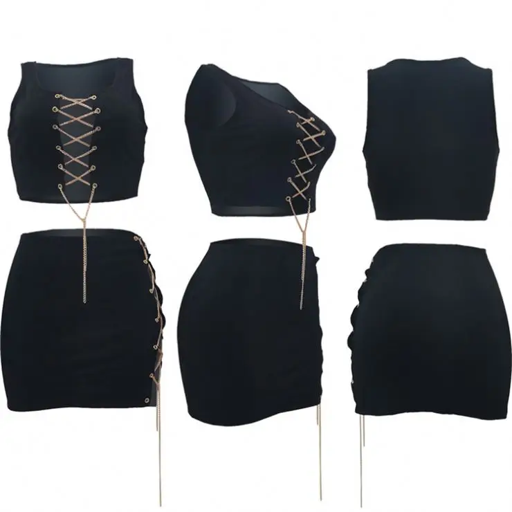 
Summer 2021 New Women Fashion Sexy Bandage Chain Crop Top And Mini Skirts Two Piece Set Outfits 