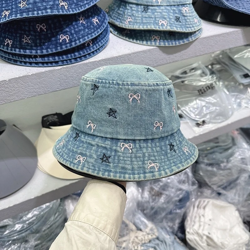 Wholesale South Korea Japan 2024 new embroidery cowboy fisherman hat Singapore spring summer autumn women caps sweet bucket hats