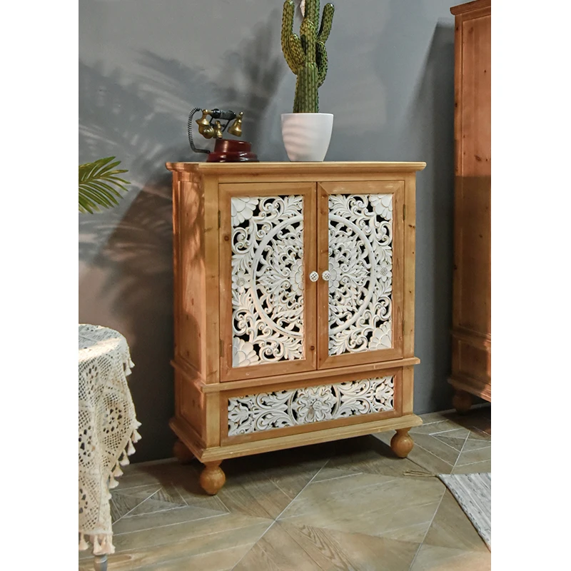 Farmhouse Rustic Style Storage Kitchen Furniture White Flower Carved Wood Sideboard Cabinet For Living Room