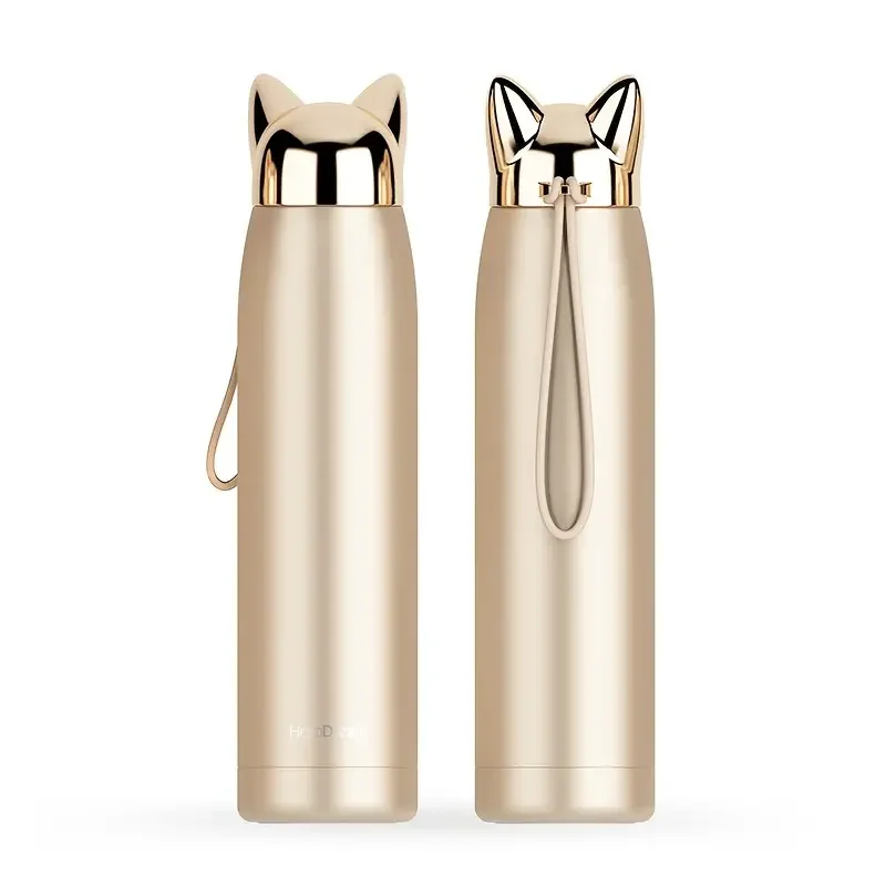 3 Colors Double Wall Vacuum Flask Cute Car Ear Stainless Steel Water Bottle With Rope