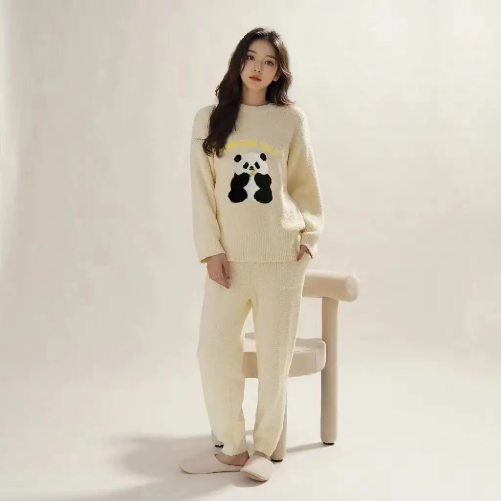 Ladies Casual Home Wear Pajamas New Spring Autumn Winter Long Sleeve Fleece-Lined Striped Suit Knitting Fabric Loose Fit Cartoon