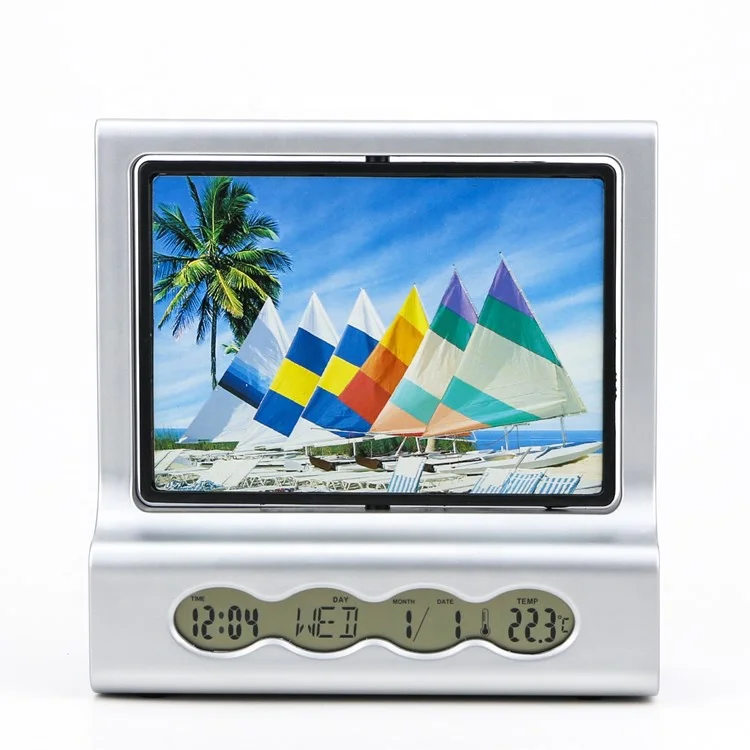 KH-CL050 Calendar Temperature Display Picture Frame Digital Clock with Rotating Two-side Photoframe