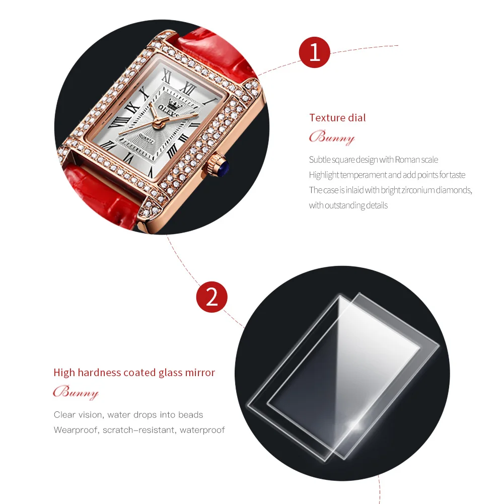 OLEVS 9935 Luxury Watches Women Square Rose Gold Wrist Watches Red Leather Fashion Watches Female Ladies Quartz Clock Gifts
