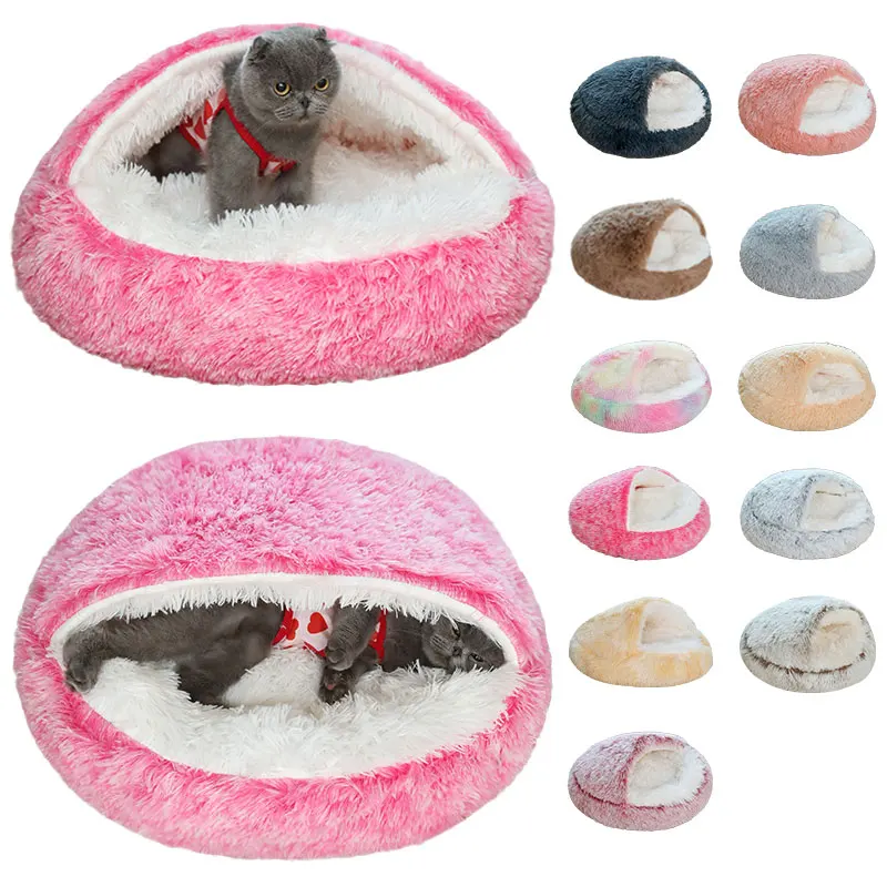 Pet Cat Bed Round Plush Fluffy Hooded Cave Cozy for Indoor Small Dog Beds Doughnut Calm Anti-nxiety