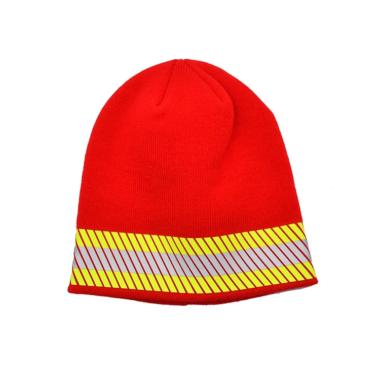 Wholesale Custom Reflective Striped Thinsulate Lined High Visibility Fluorescent Safety Knit Red Beanie Hat Cap