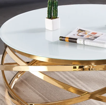 Hot Sale High Fashion Design Modern Furniture Living Room Table Metal Base Super White Tempered Glass Round Gold Coffee Tables