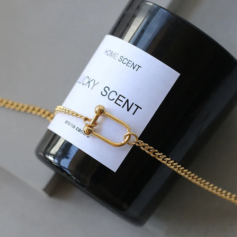 Titanium Steel U Shape Shackle  Horseshoe Buckle Necklace Metal Hoop Locking D-Ring Stainless Steel Cuban Chain Necklace