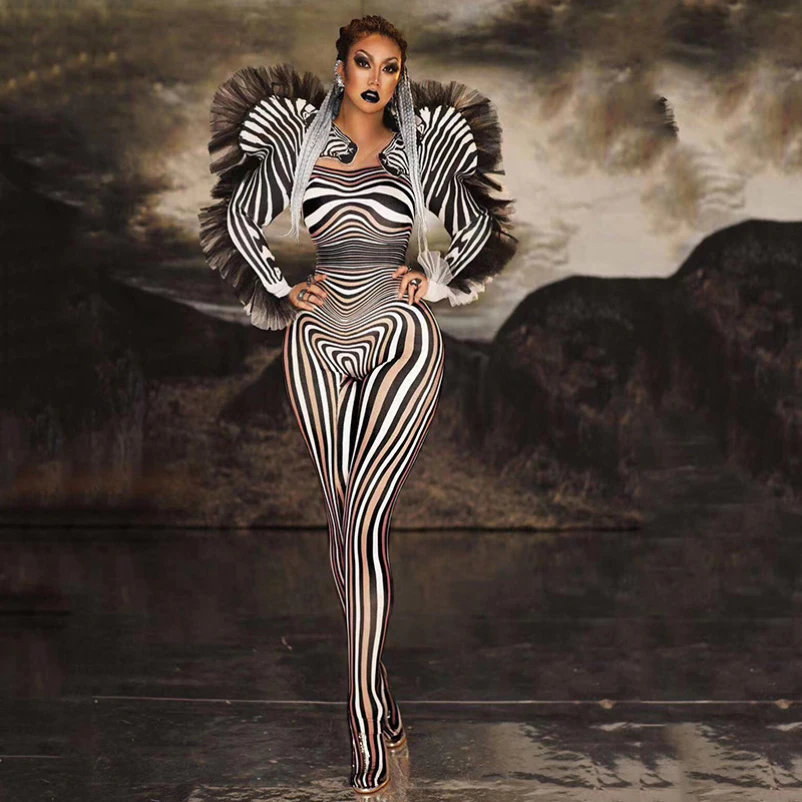 Unique Zebra Stripes Cosplay Costumes Animal Role Playing Stage Costumes Women Sexy Club Jumpsuit Dance Wear Performance Outfits