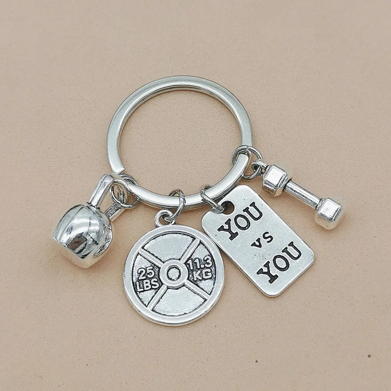 Hot Sports Series Sublimation Creative Gym Weightlifting Barbell Dumbbell Plate Fitness Keychains Blanks Metal Keychain