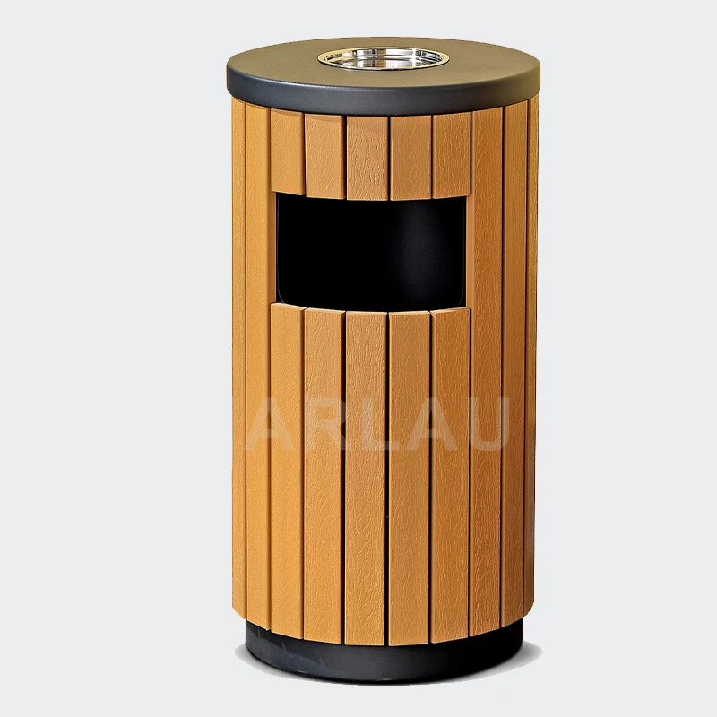 outside garden park wood trash container garbage can outdoor patio recycling dustbin mall public commercial waste rubbish bin