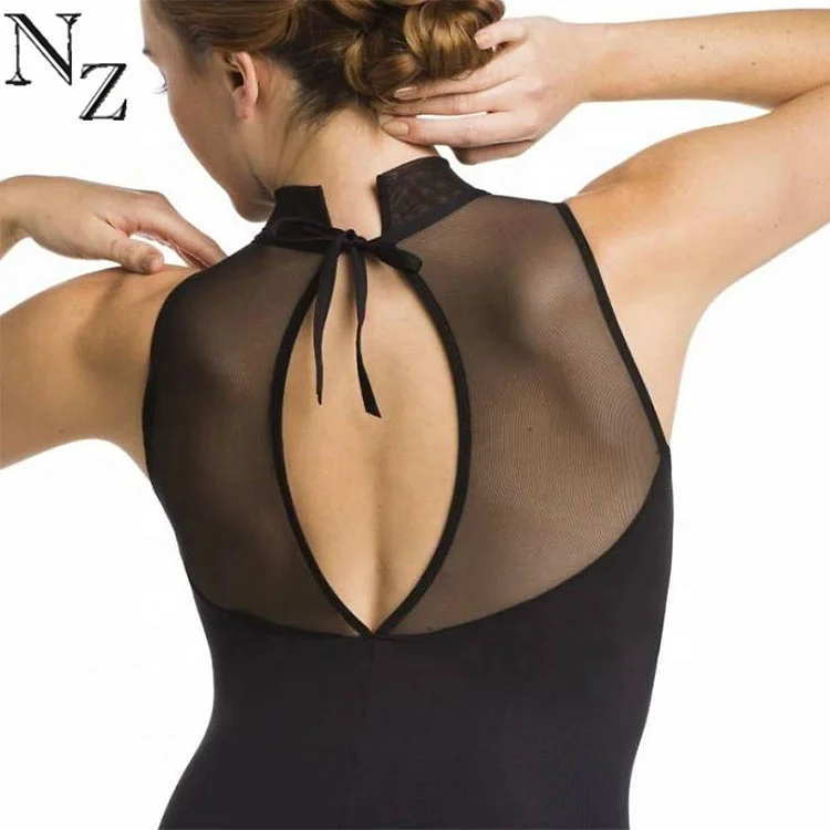Black Turtle Neck Sleeveless Women Dance Wear Sexy Mesh Leotards Plus Sizes