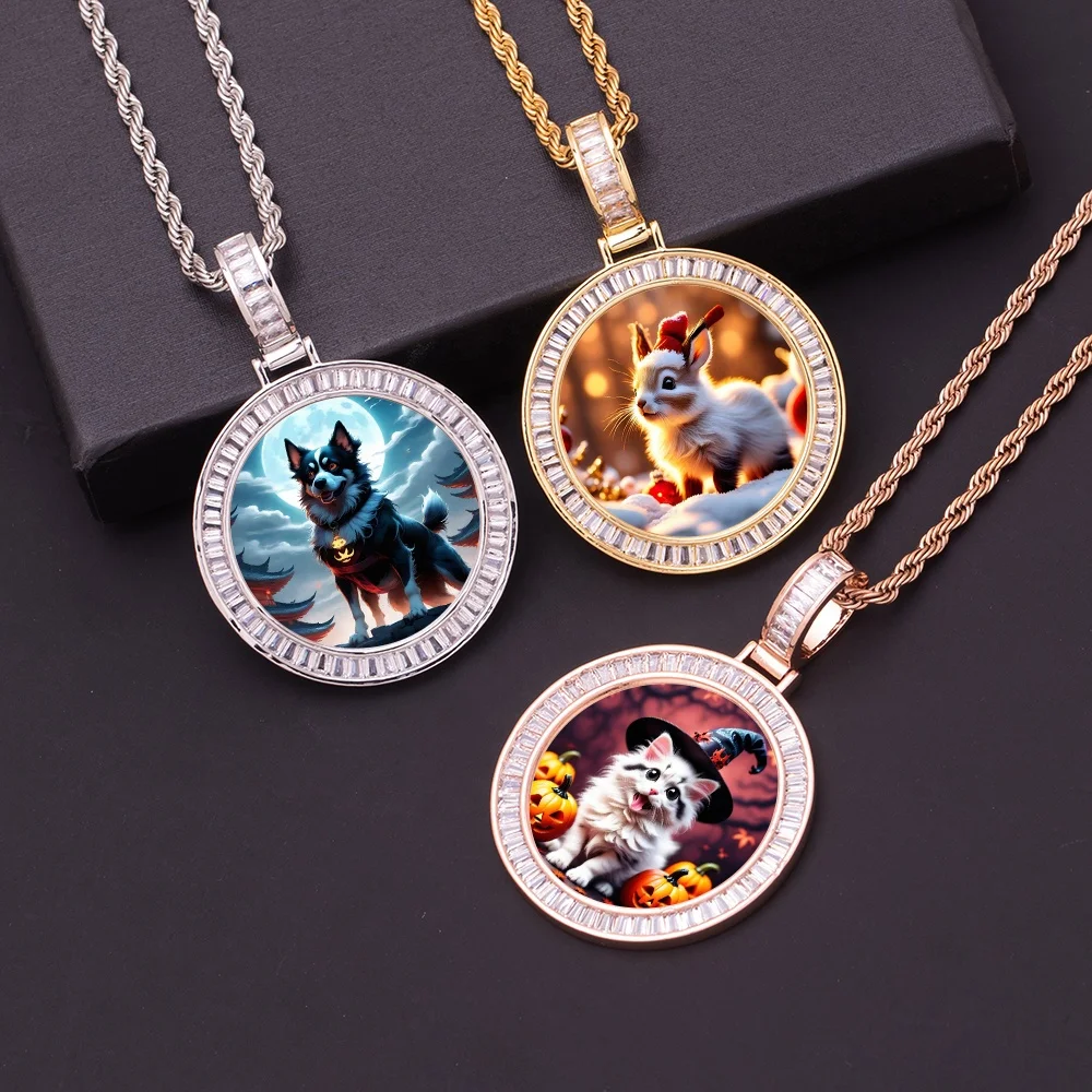 New 38mm DIY Photo Brass Golden Plated Circle Medallions Necklace Baguette Cubic Zircon Pet Cat Dog Rabbit Picture Frame Pendant