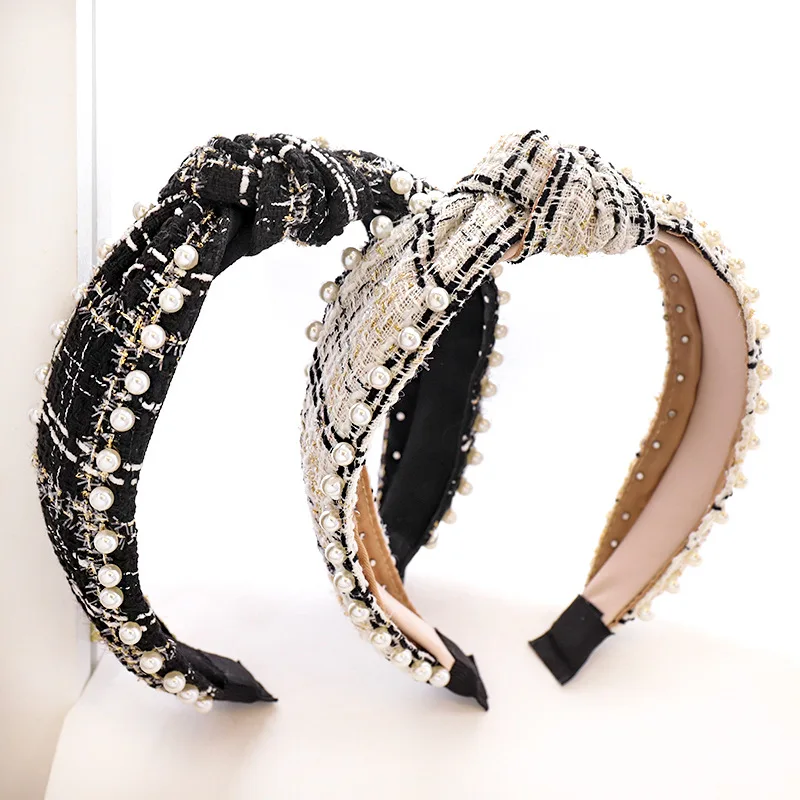 
European And American Nail Pearl New Hairband Classic National Plaid Fabric Headdress Hairpin Korean Female Headband 
