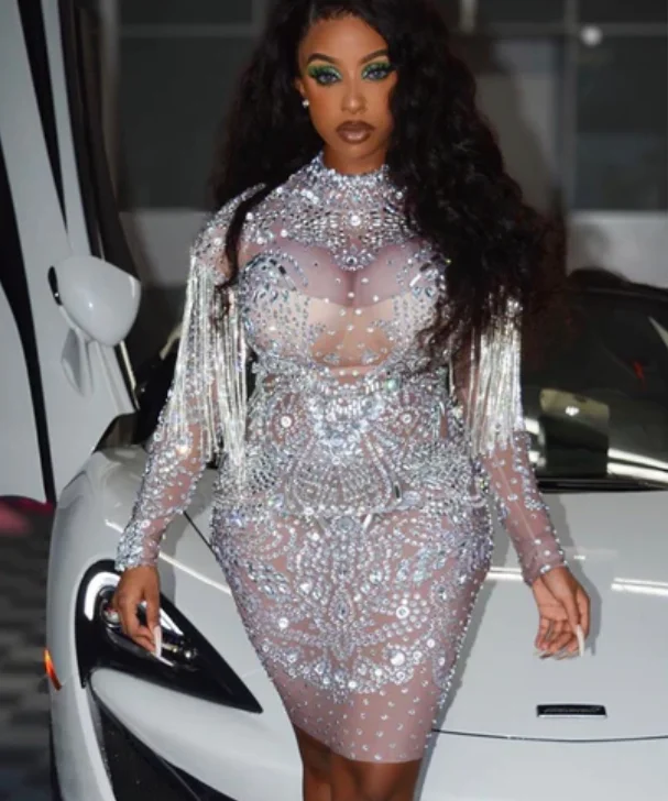 Women 2023 Wholesale Long Net Sleeve Rhinestones Tassel Ballroom Stage Dance Dress Costume