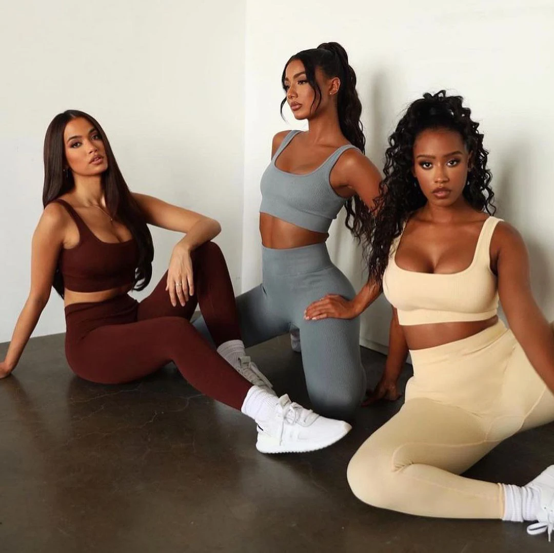 Workout Exercise Outfits Gym Clothes Women 2 Piece Ribbed Seamless Yoga Set Sports Bra Crop Tank High Waist Yoga Leggings Set