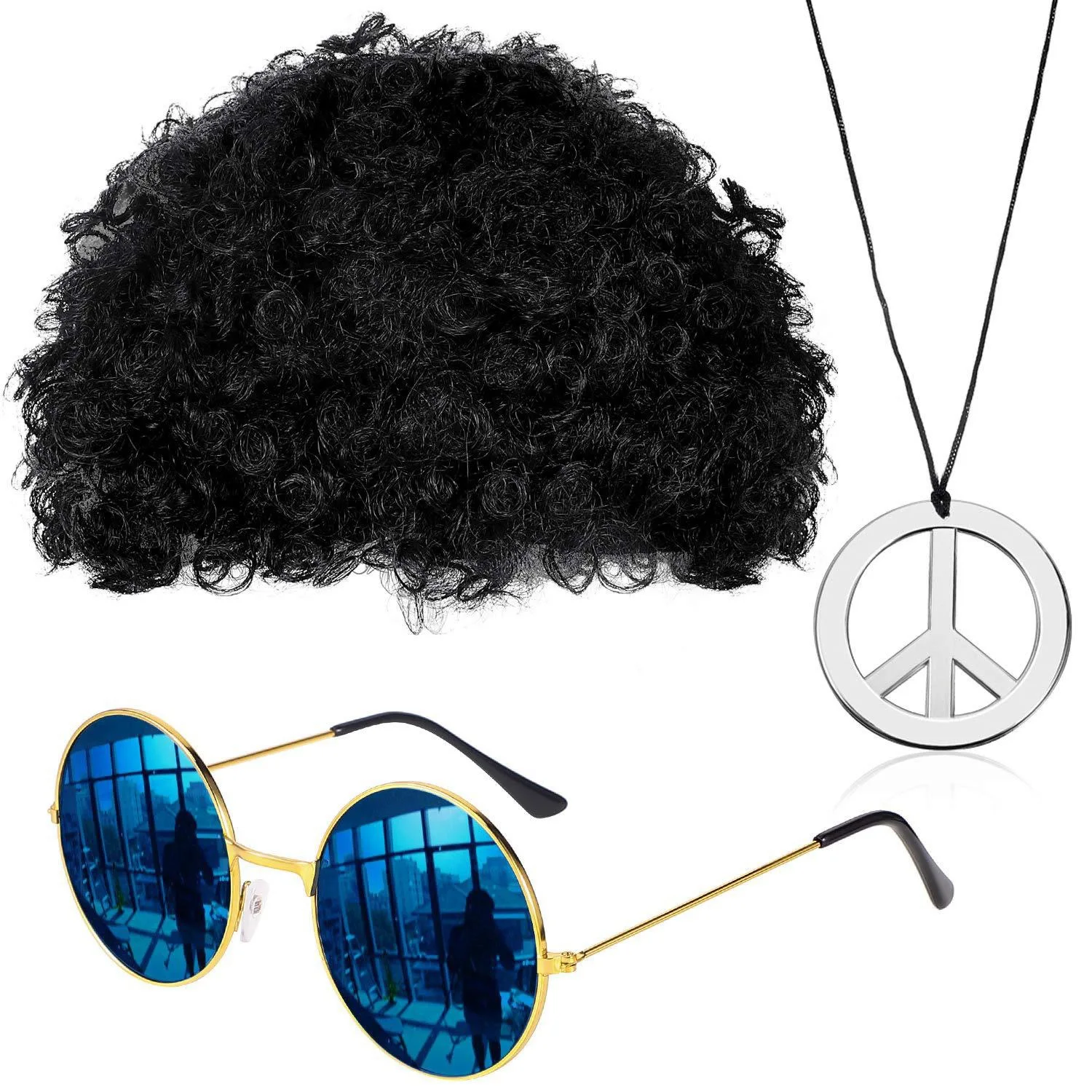 Popular 50s 60s Adult Vintage Pop Star Costume Hippie Dress Up Wig Party Glasses