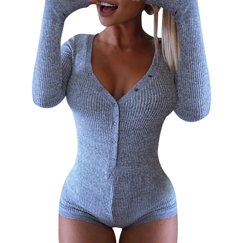 
Women Sexy V Neck Bodysuit Long Sleeve Autumn Clothing Wear Sexy Slim Short Knitted Bodycon Bandage Jumpsuit 