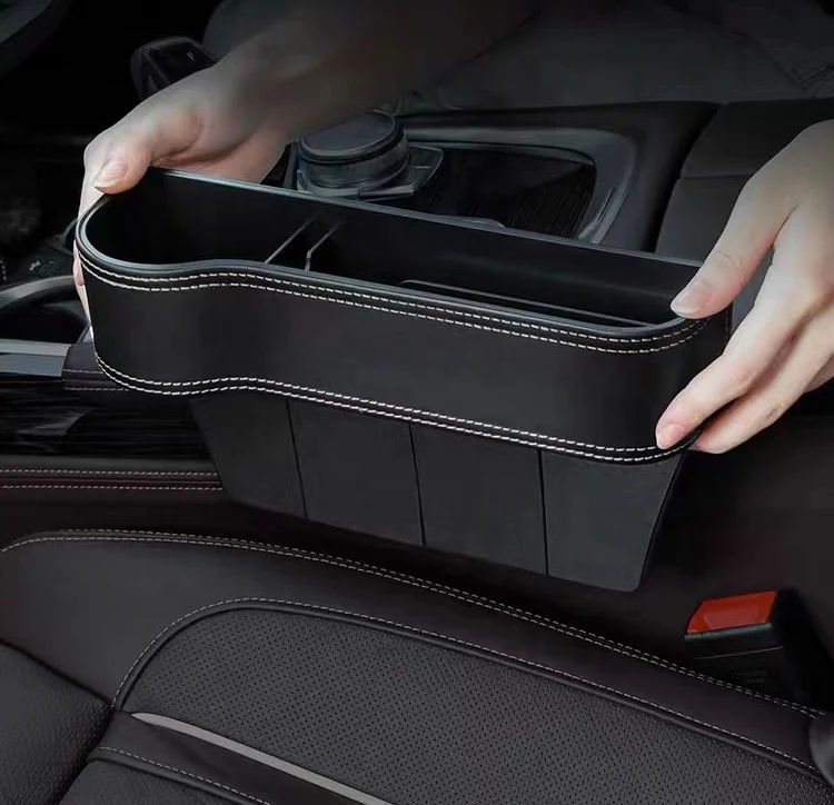Portable leather Multi function car seat side gap filler storage box with cup phone holder