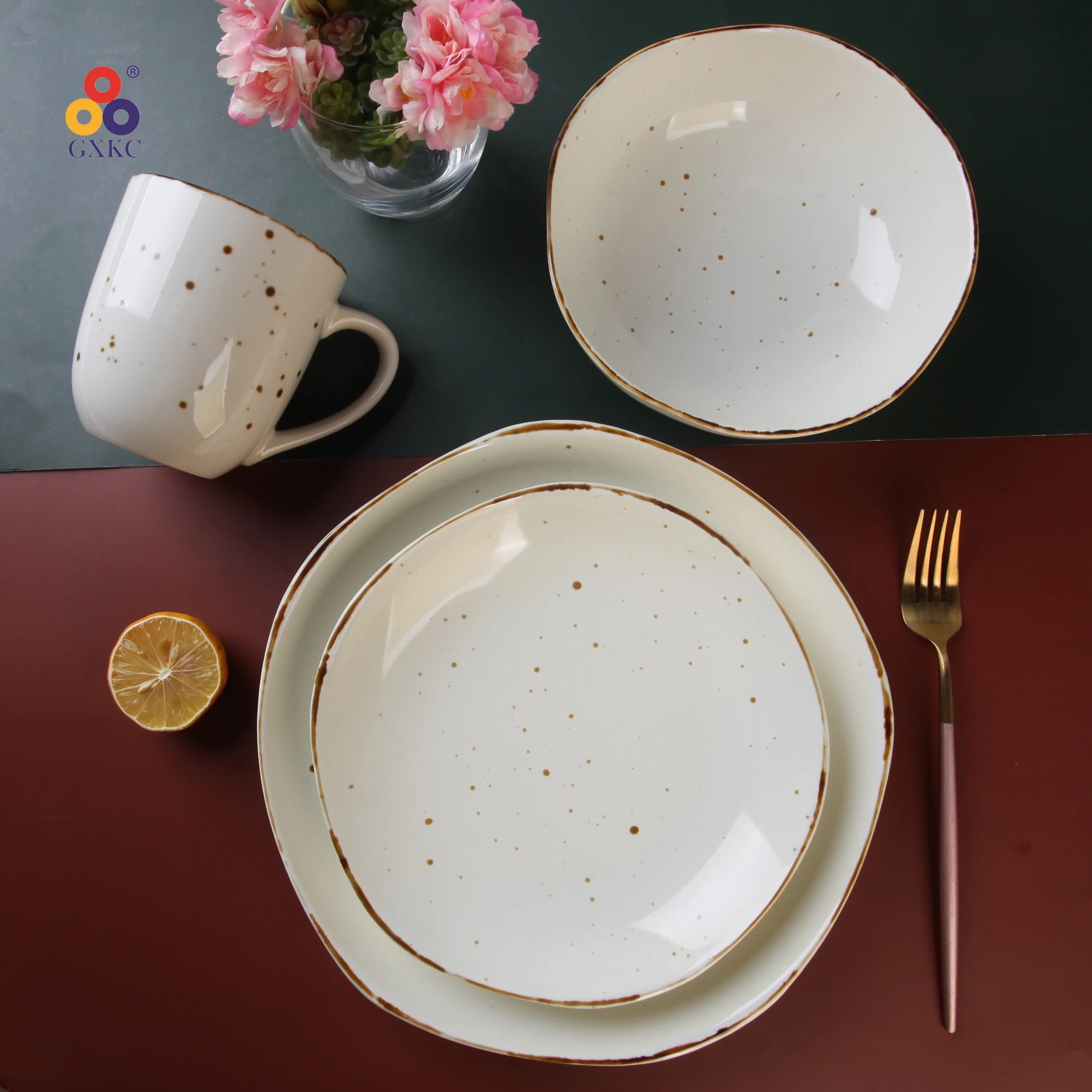 Sanhuan irregular shape with speckle stoneware tableware dinnerware sets ceramic dinner set 16/24/48/72pcs for kitchen
