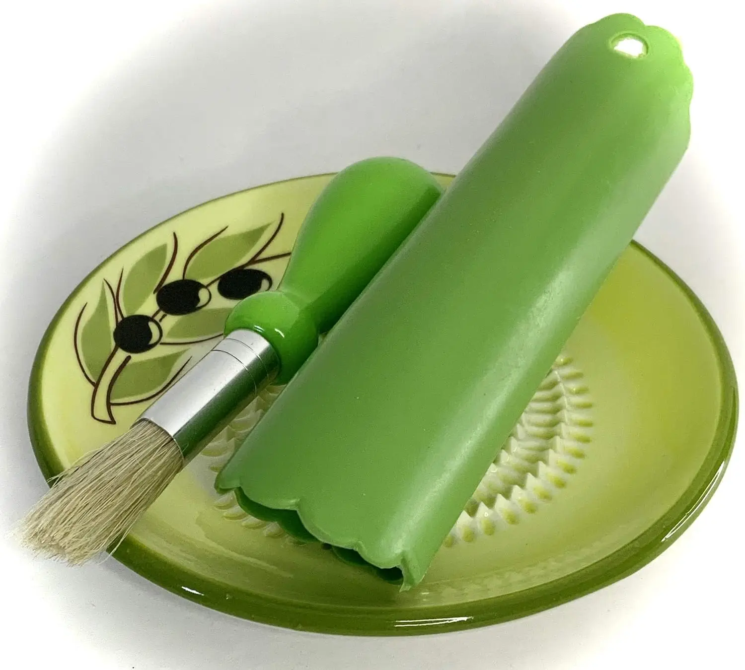 Ceramic Garlic Grater Hand Made, Olive Design Grater Plate with Garlic Peeler