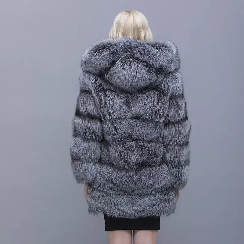 Mwfur Fashion Luxury Silver Fox Fur Jacket Fashion Silver Fox Women Fur Hooded Parka Fox Hair Lining Outwear