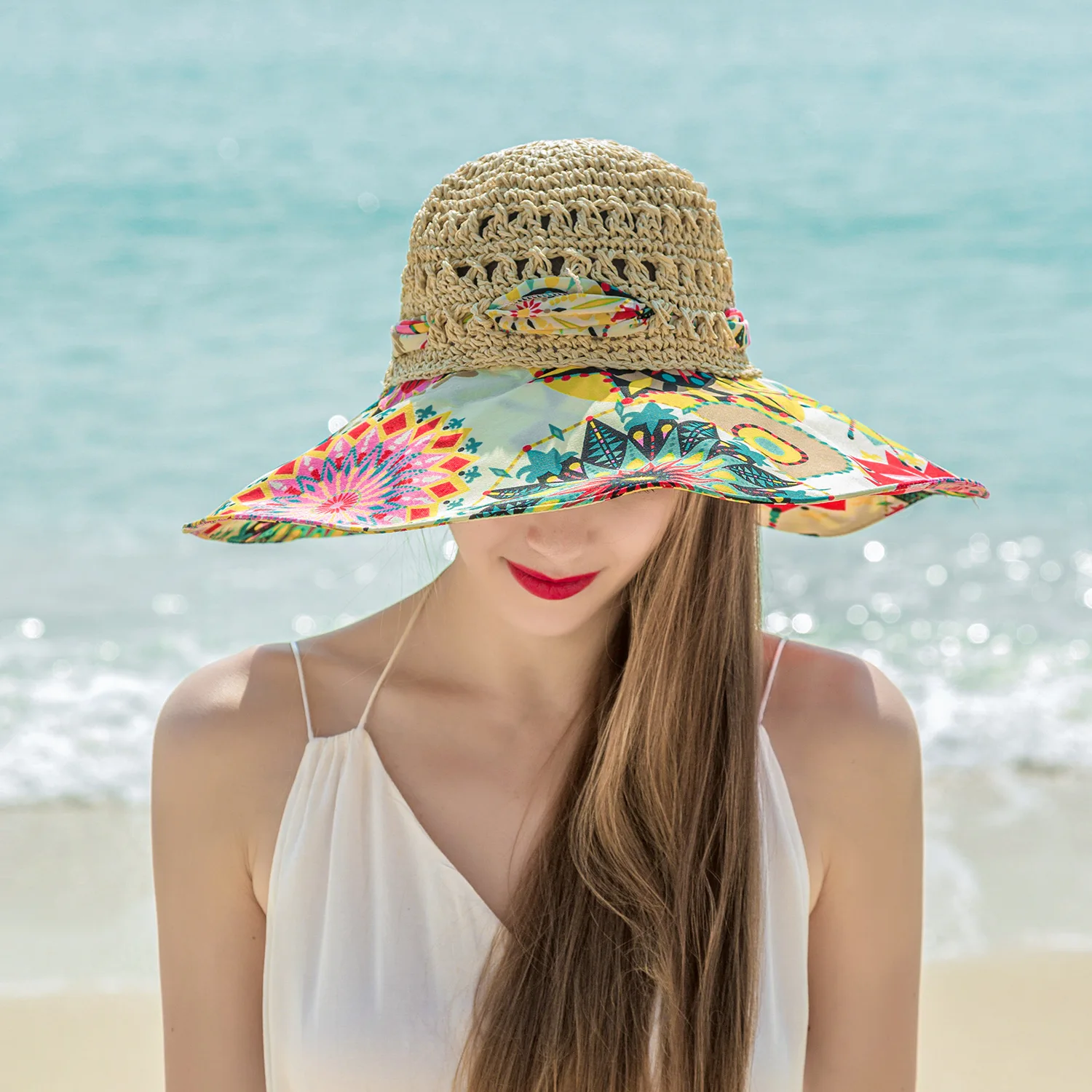 New Summer Sun Beach Straw Hat with Bow Women Breathable Fisherman Hats Wide Brim Panama Hat