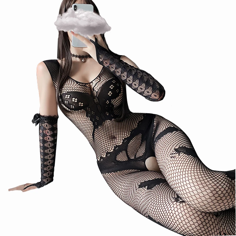 women seductive  butterfly jacquard sex lingerie transparent mesh with open crotch one-piece pajama