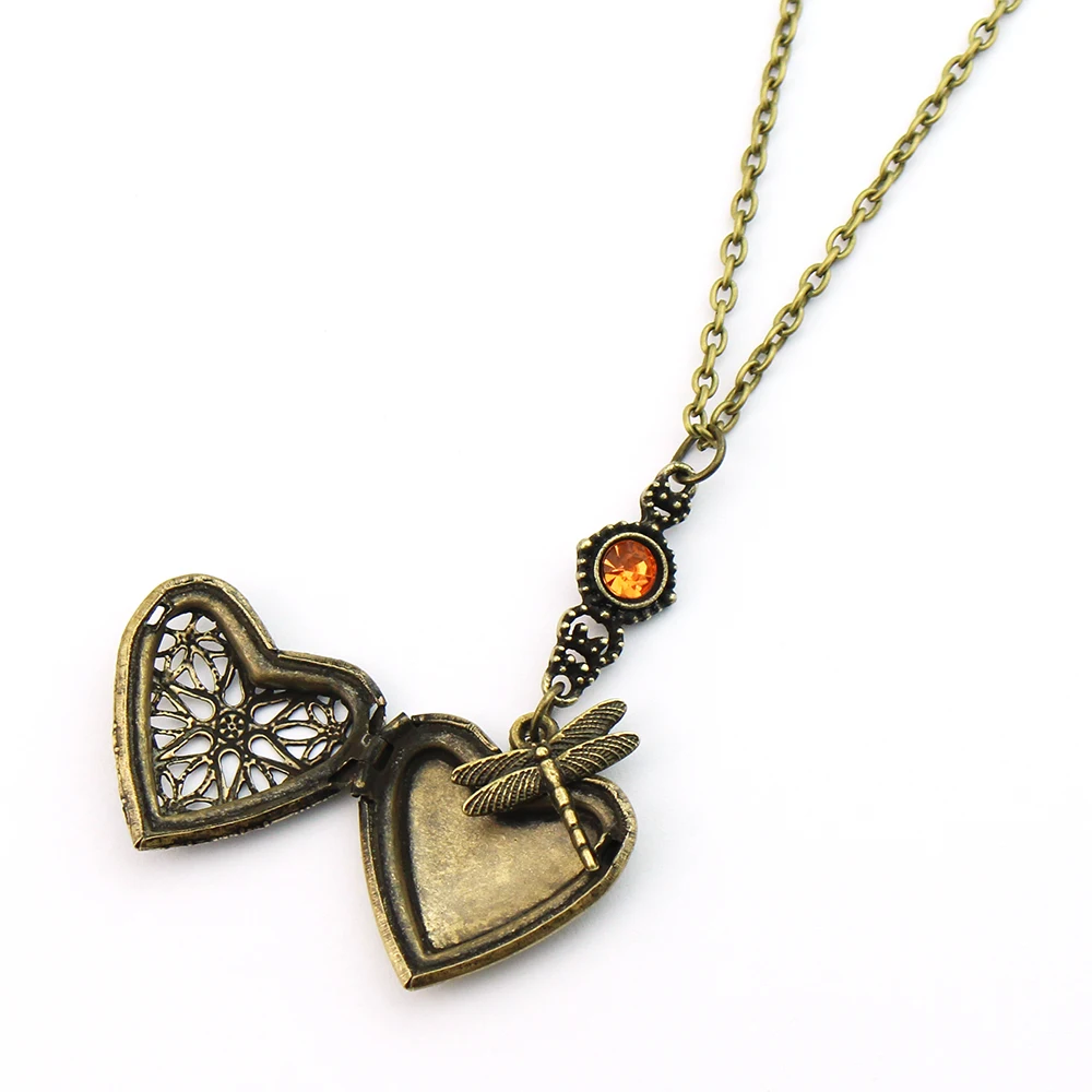 Outlander Dragonfly in Amber Crystal Celtic Heart Locket Necklace