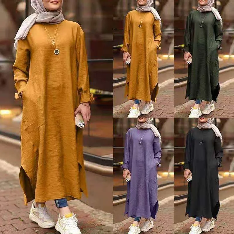 Wholesale Gorgeous Satin Long Maxi Dress Women Islamic Modest Khimar Hijab Abaya Casual Muslim Floral Long Sleeves XL Polyester