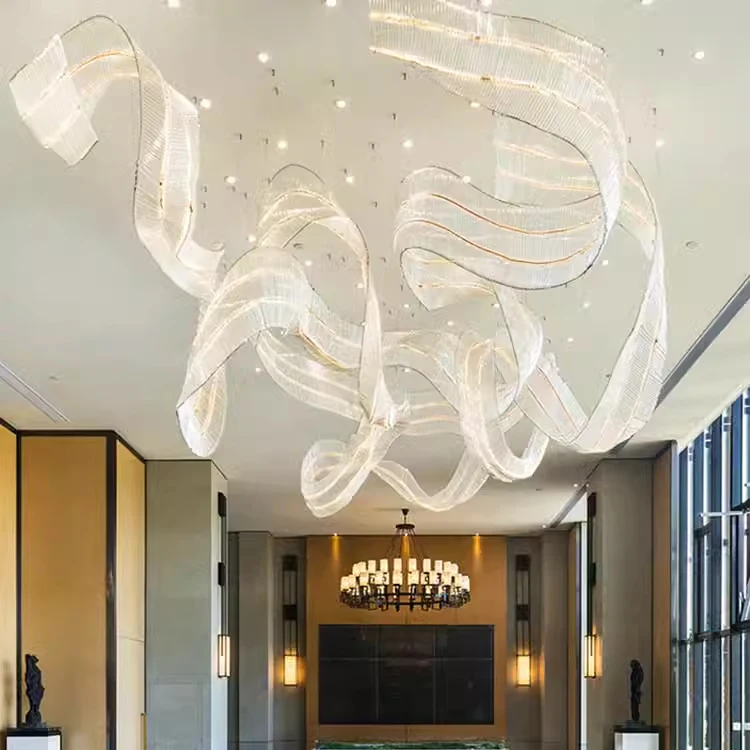Classic Large Hanging Acrylic Ribbon Art Design Hotel Chandelier Light Fixture Ceiling Lamp For Living Room Restaurant
