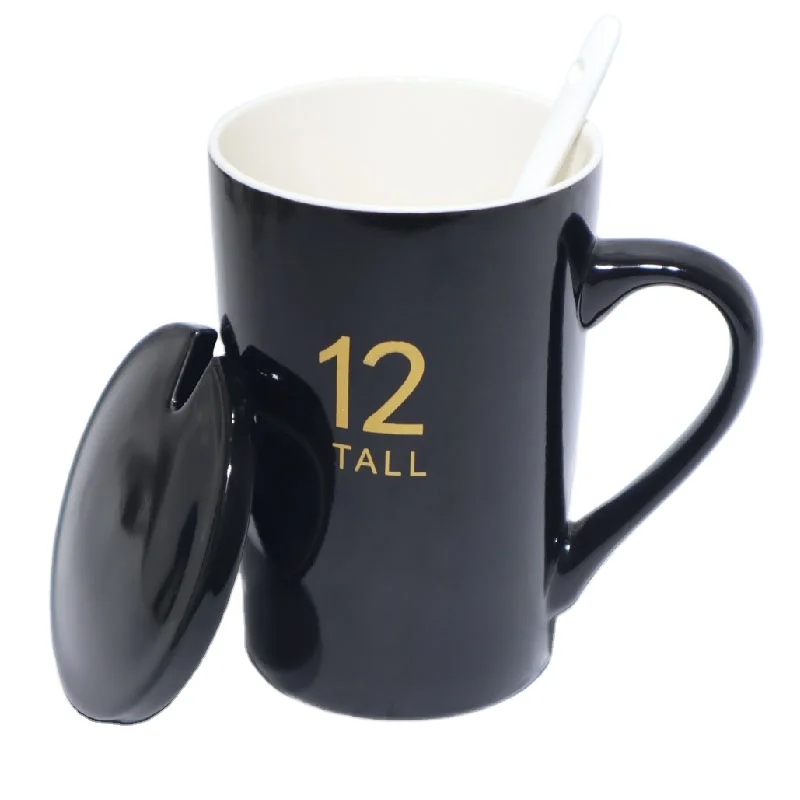 
 Черно-белая фарфоровая кружка с крышкой и ложкой с 12 знаками Зодиака  