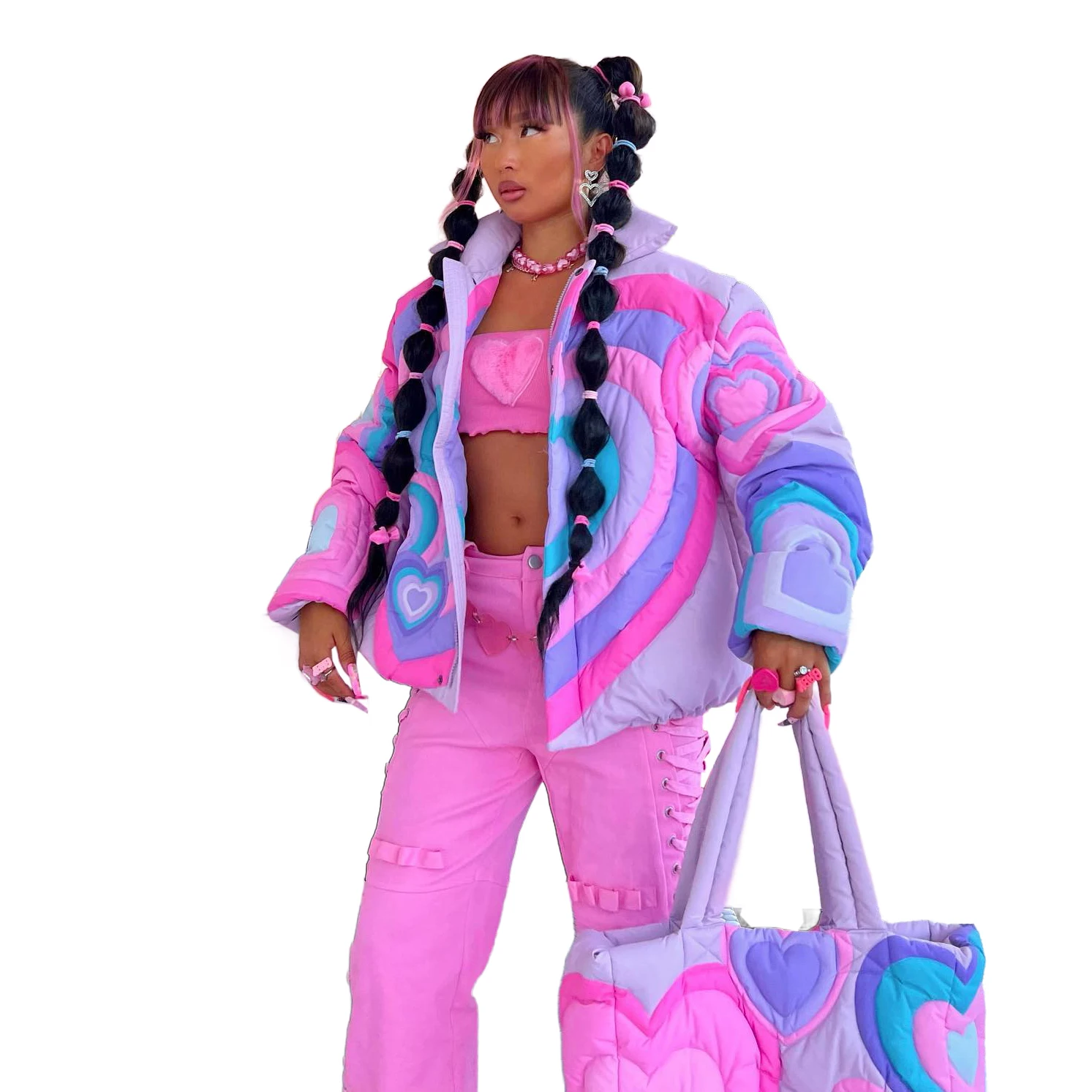 Winter fashion casual heart print women loose bubble jacket padded jacket puffer jacket