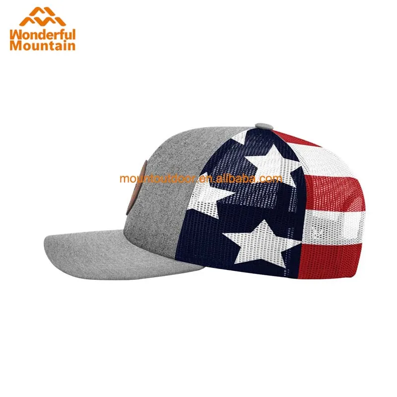 Custom leather patch logo back American flag 6 panel mesh trucker hat