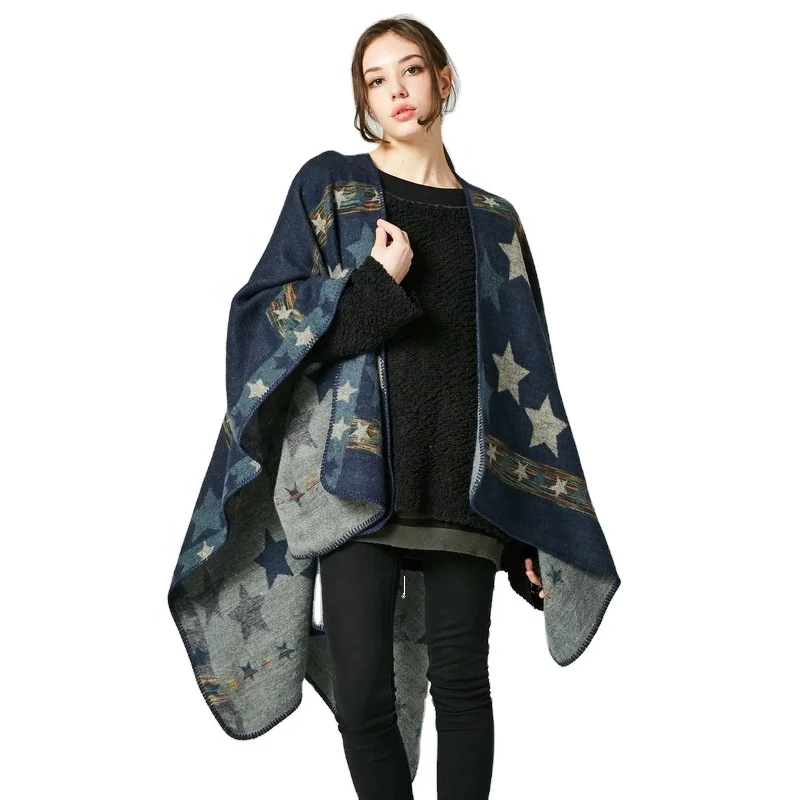 
Factory Wholesale Fashion Star Jacquard Acrylic Woven Long Cardigan Poncho Cape Women Cashmere Shawl Winter Wrap Warm Blanket 