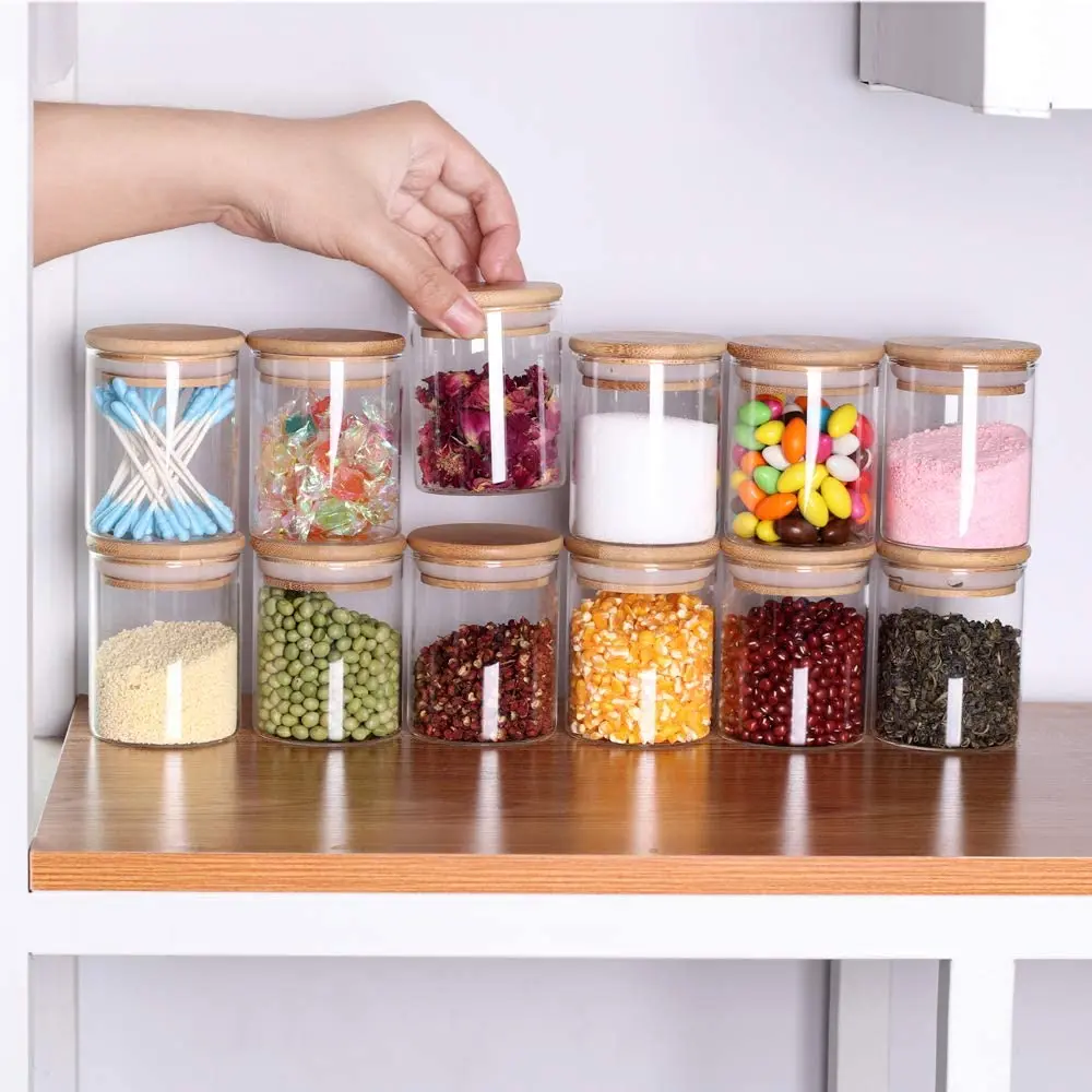 6.5cm 12pcs Set High Airtight Kitchen Food Storage Container Organizers Glass Spice Jar with Bamboo Lids