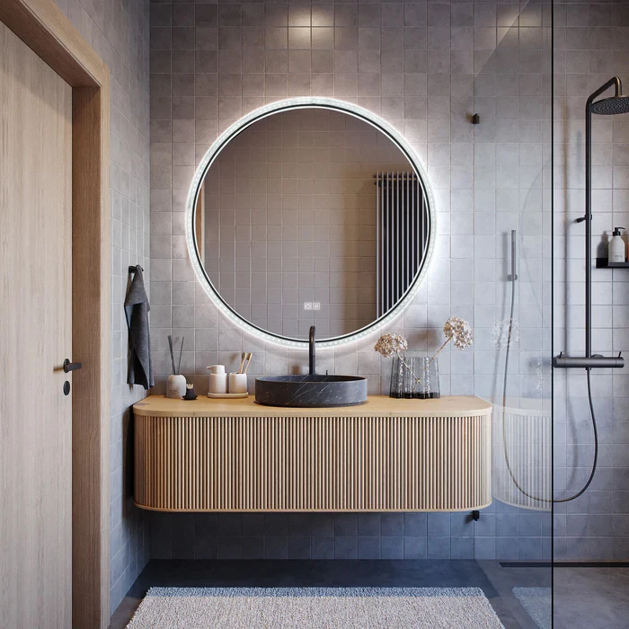 Round Automatic Anti Fog Aluminium Framed Crystal Acrylic Diffuser LED Mirror