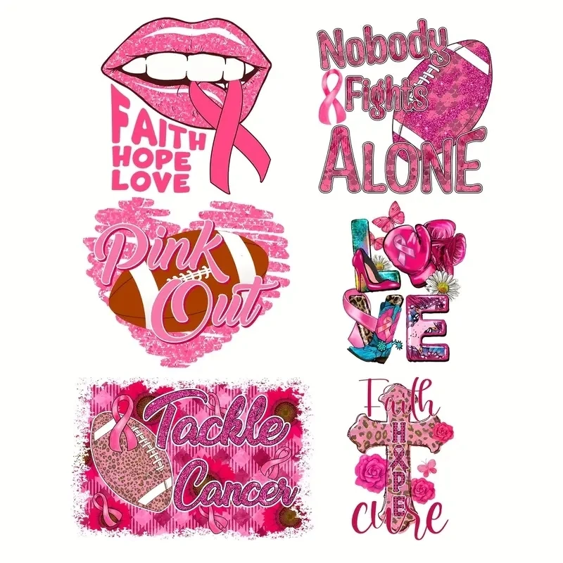 6-Pack Breast Cancer Awareness Heat Transfer Vinyl Decals DIY Iron-On Transfers for Clothing T-Shirts Jackets and Backpacks