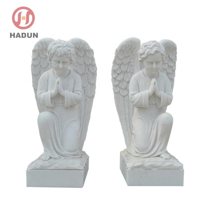 white marble carving life size kneeling angel garden statue