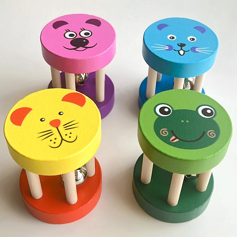Montessori Baby Musical Instruments Wooden Colorful Cylinder Rolling Drum Rattle Hand Clappers Learning Toys For Infant