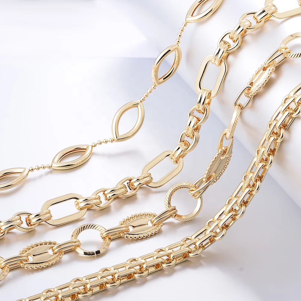 Shinny 18K Gold PVD Plated Brass Chain Bulk Flat Cable for Necklace Bracelet Wholesale Raw Chains for Jewelry Making Findings