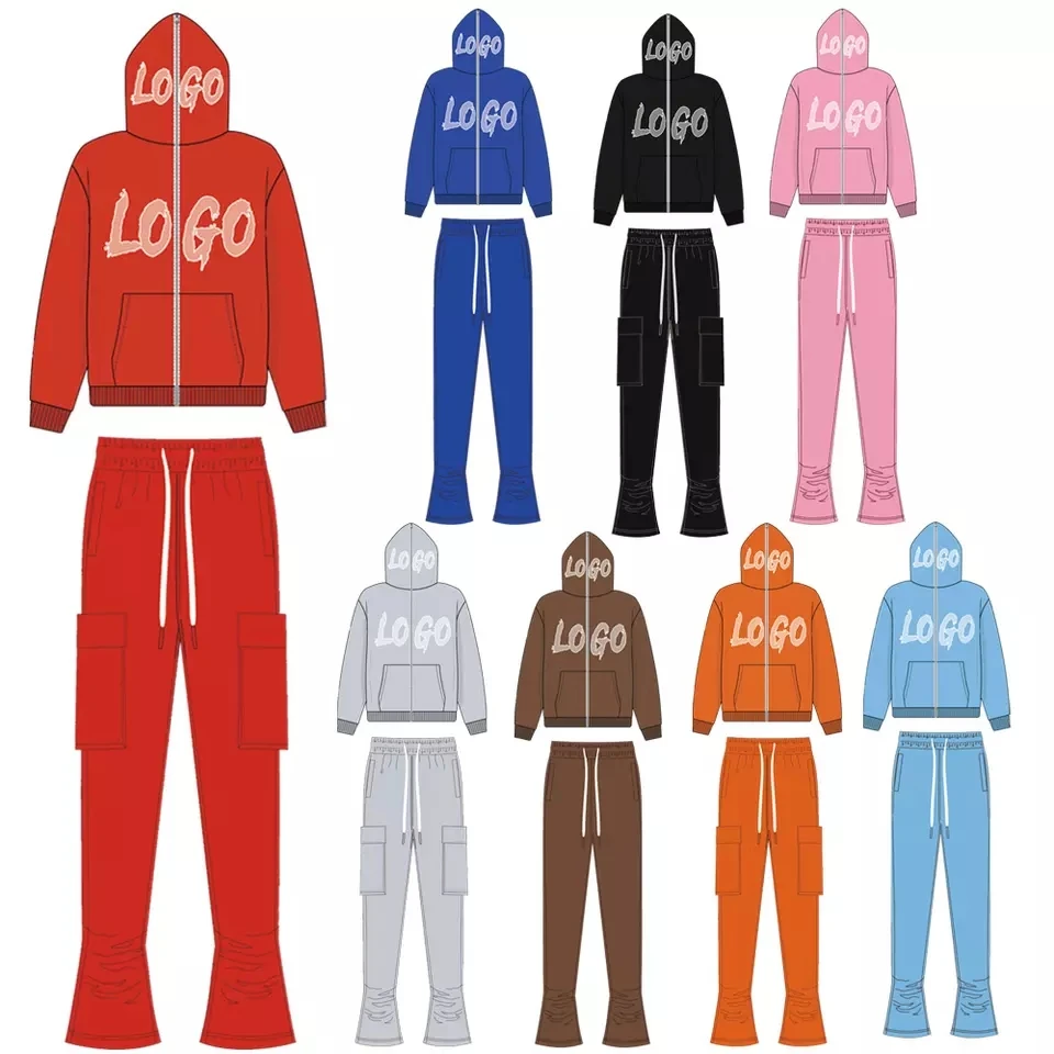 Men Tracksuit Full Zipper Outerwear Hoodie Stacked Pants 2 Pieces Set Autumn Sporting Track Suit Male Fitness Jogging Suit