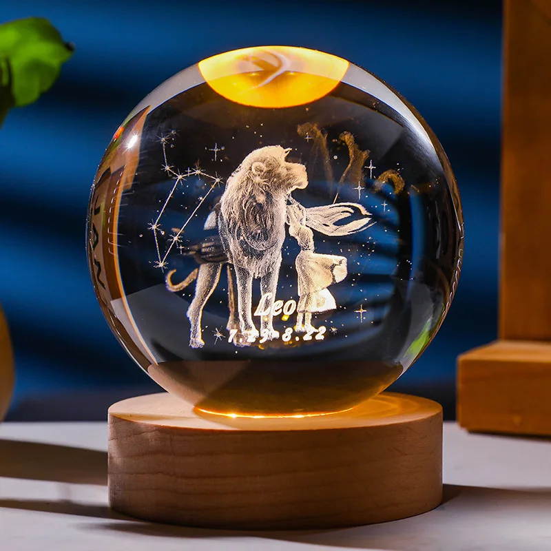 12 constellations 12 zodiac signs 60/80mm Glass Solar System Planet Sphere 3D Laser Engraved Galaxy Crystal Ball Wood LED Light