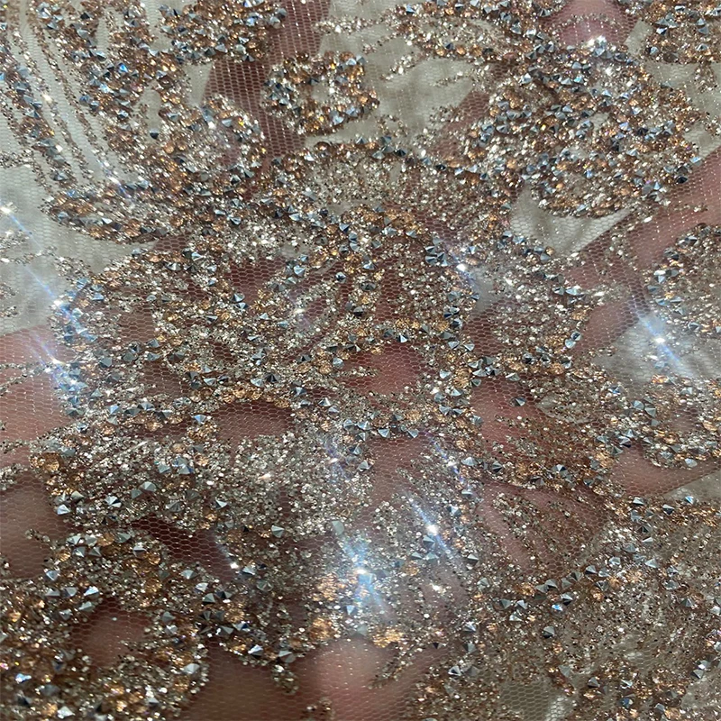 Honglong high quality diamond mesh Glitter Crystal sequins Beaded Tulle Wedding Evening Dress Lace Fabric