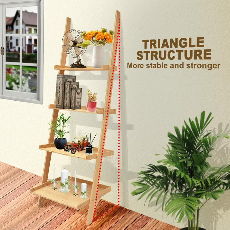 4 tier bamboo ladder tray display shelf for plant bamboo bookshelf for home decor