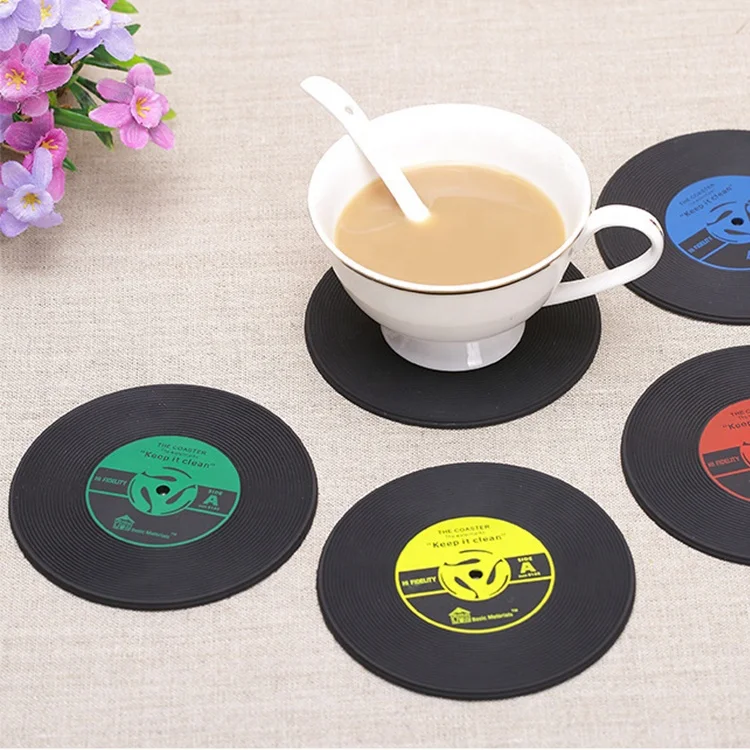 
Coasters Set of 6 Colorful Retro Vinyl Record Disk Coaster for Drinks with Funny Labels Tabletop Drink Coasters 