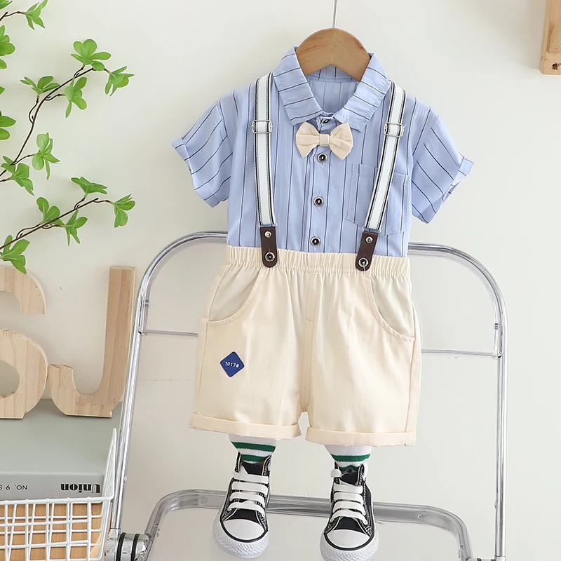 2024Summer Kids Baby Boy Formal Suit Short Sleeve with Shirt+Suspender Pants Casual Clothes Outfit Gentleman 2PCS clothes