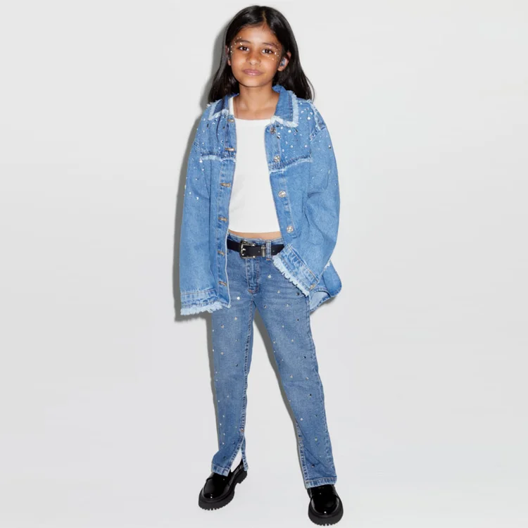 OEM Custom Fashion Studded Rivets Cotton Kids Enzyme Wash Denim Skinny Jeans Pants For Girls