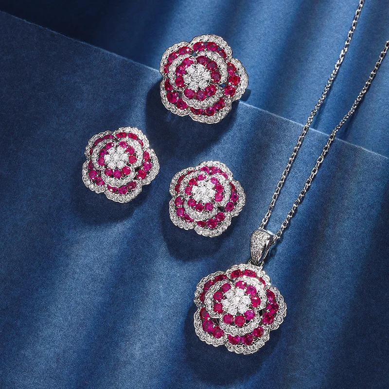 EYIKA Luxury Designer Wedding Flower Jewelry Set Party Bridal Zirconia Rings Full Diamond Big Flower Ring For Women